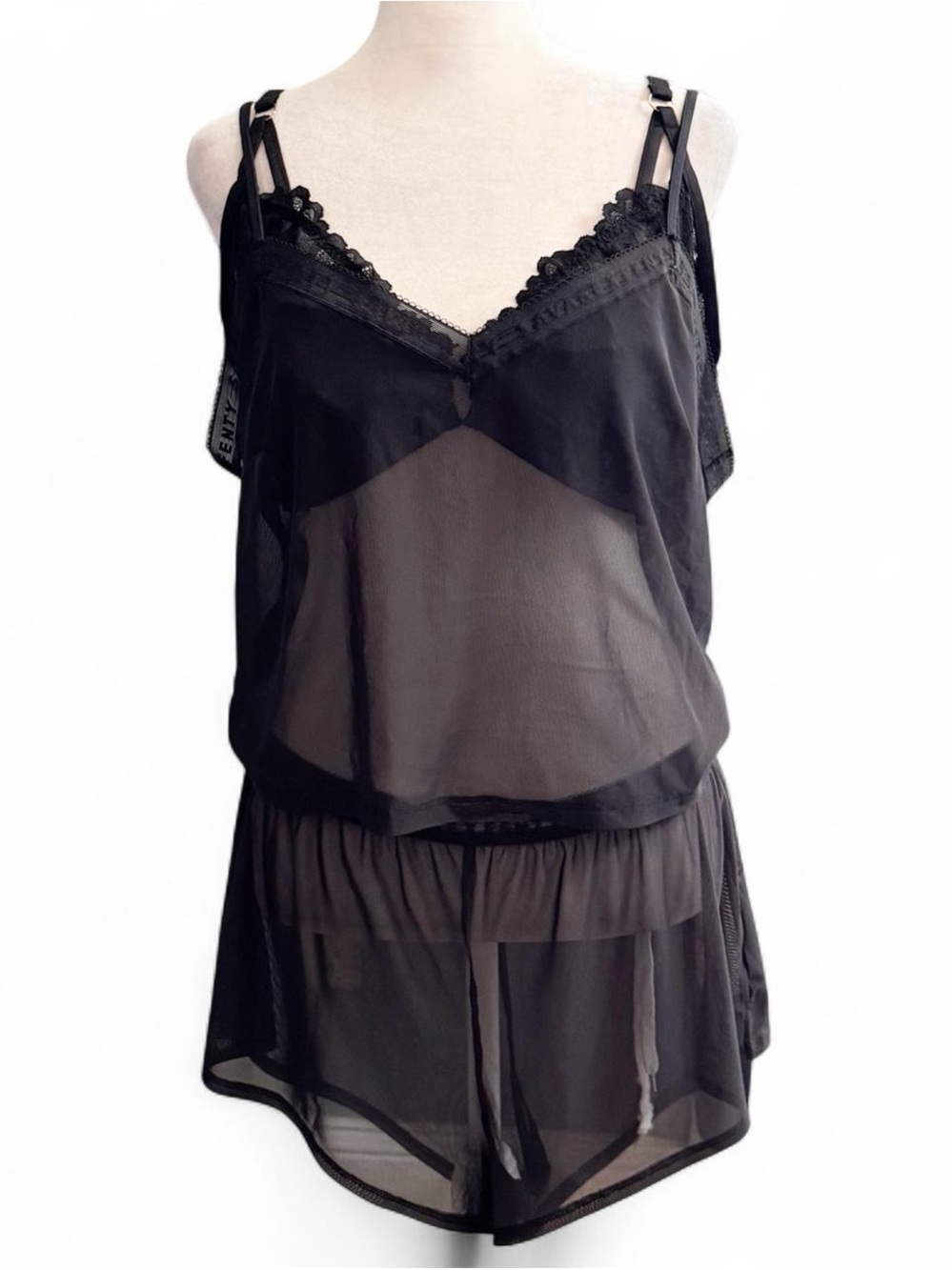 Savage X Fenty Black Sheer Mesh Lace Cami & Shorts Lingerie Set